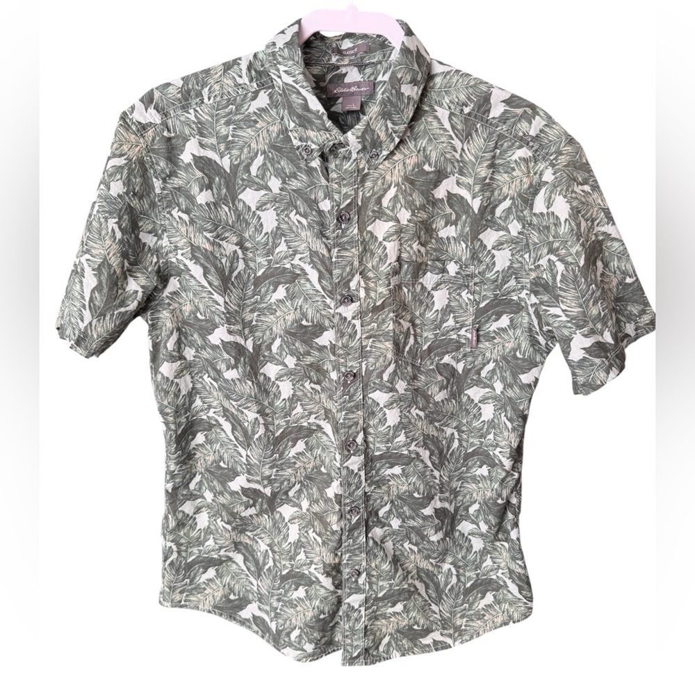 Eddie Bauer Men’s Hawaiian Shirt | Palm Leaf Print Short Sleeve Button-Up Large